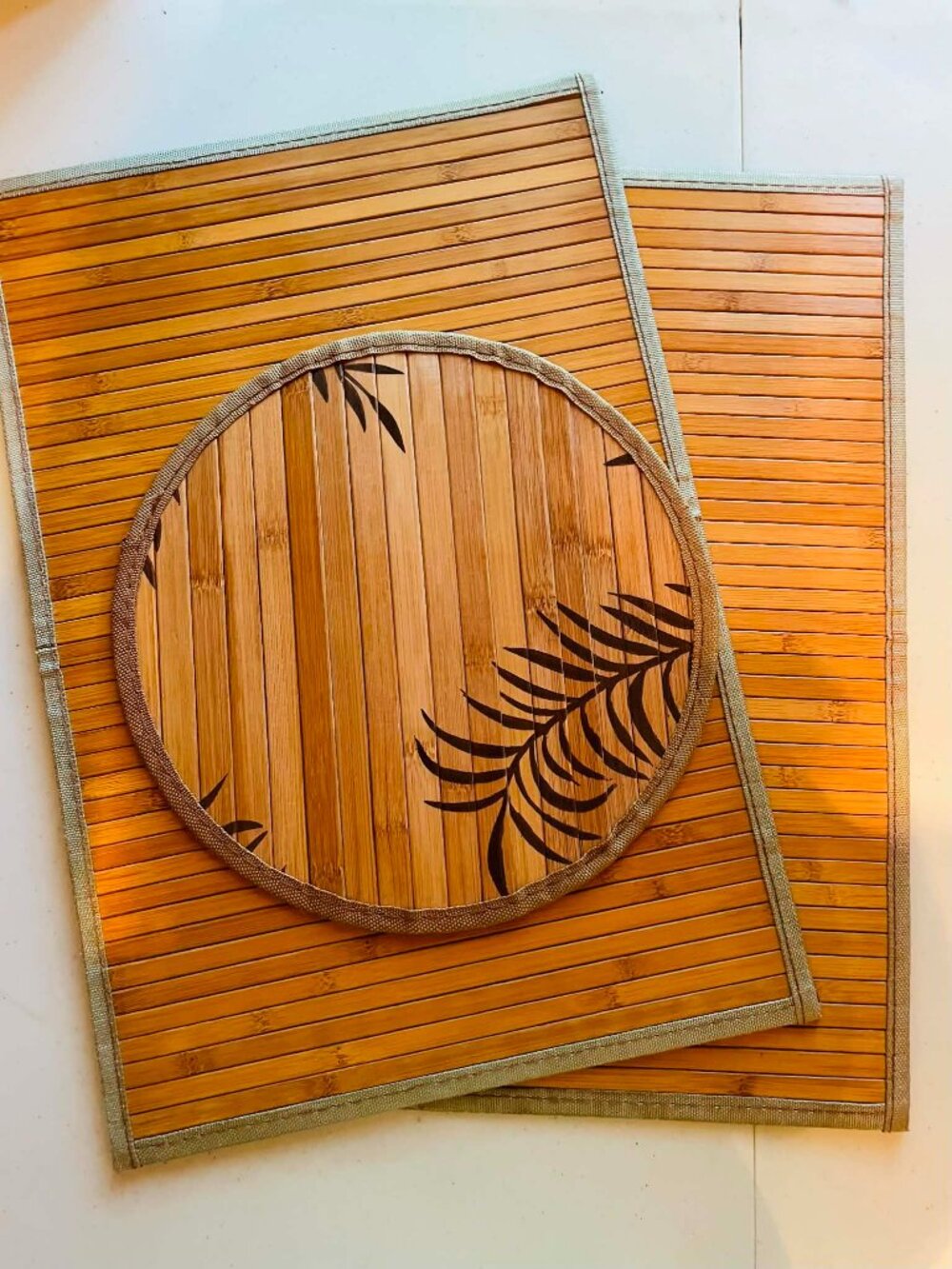 Bamboo Placemats Set of 3 Natural fiber 2 Rectangular 1 round Boho Tropical